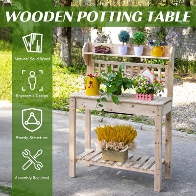 Outsunny 39'' Wooden Garden Potting Bench Work Table with Hidden Storage Sliding Tabletop Below Clapboard Upper Shelf - Natural 2 Outsunny 39'' Wooden Garden Potting Bench Work Table with Hidden Storage Sliding Tabletop Below Clapboard Upper Shelf - Natural - Image 2