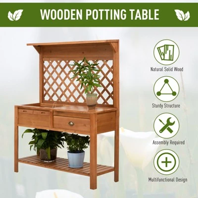 Outsunny 48'' Garden Wooden Potting Bench Table w/ Metal Screen Draining Area Side Hooks Drawer Open Upper/Lower Shelf 2 Outsunny 48'' Garden Wooden Potting Bench Table w/ Metal Screen Draining Area Side Hooks Drawer Open Upper/Lower Shelf - Image 2