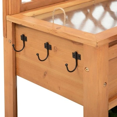 Outsunny 48'' Garden Wooden Potting Bench Table w/ Metal Screen Draining Area Side Hooks Drawer Open Upper/Lower Shelf 6 Outsunny 48'' Garden Wooden Potting Bench Table w/ Metal Screen Draining Area Side Hooks Drawer Open Upper/Lower Shelf - Image 6