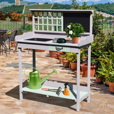 Outsunny 36.25" x 16.75" Raised Outdoor Wooden Potting Bench Table with Built-in Sink Shelf Storage & Ergonomic Design 1 Outsunny 36.25" x 16.75" Raised Outdoor Wooden Potting Bench Table with Built-in Sink Shelf Storage & Ergonomic Design
