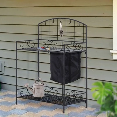 Outsunny Outdoor Folding Metal Potting Bench Work Table with Large Build-In Bag with Cover 5 Hanging Hooks & Shelf 1 Outsunny Outdoor Folding Metal Potting Bench Work Table with Large Build-In Bag with Cover 5 Hanging Hooks & Shelf