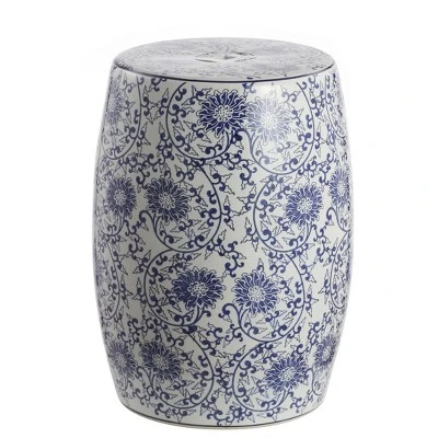happimess Lotus Blossom 17.5" Chinoiserie Ceramic Drum Garden Stool, Blue/White 1 happimess Lotus Blossom 17.5" Chinoiserie Ceramic Drum Garden Stool, Blue/White