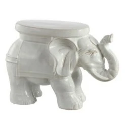happimess White Elephant 14.2" Ceramic Garden Stool, Antique White