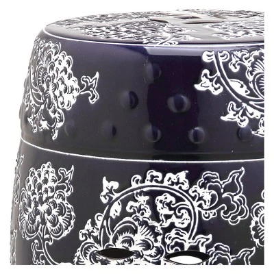 Midnight Flower Garden Patio Stool - Navy/White - Safavieh 1 Midnight Flower Garden Patio Stool - Navy/White - Safavieh