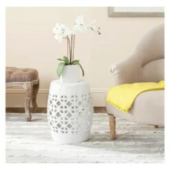 White Circle Lattice Garden Stool - White - Safavieh