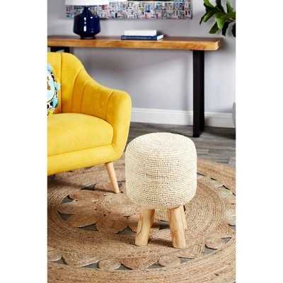 Olivia & May Accent Stool, Round Teak and Fabric White Finish - Olivia & May 2 Olivia & May Accent Stool, Round Teak and Fabric White Finish - Olivia & May - Image 2