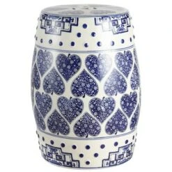 happimess Happy Hearts 17.8" Chinoiserie Ceramic Drum Garden Stool, Blue/White