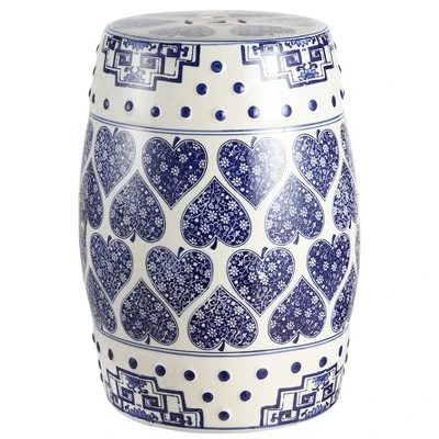 happimess Happy Hearts 17.8" Chinoiserie Ceramic Drum Garden Stool, Blue/White 1 happimess Happy Hearts 17.8" Chinoiserie Ceramic Drum Garden Stool, Blue/White