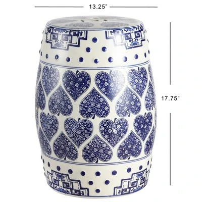 happimess Happy Hearts 17.8" Chinoiserie Ceramic Drum Garden Stool, Blue/White 2 happimess Happy Hearts 17.8" Chinoiserie Ceramic Drum Garden Stool, Blue/White - Image 2