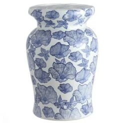happimess Poppies 17.7" Ceramic Garden Stool, White/Blue