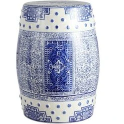 happimess Acanthus 17.8" Chinoiserie Ceramic Drum Garden Stool, Blue/White