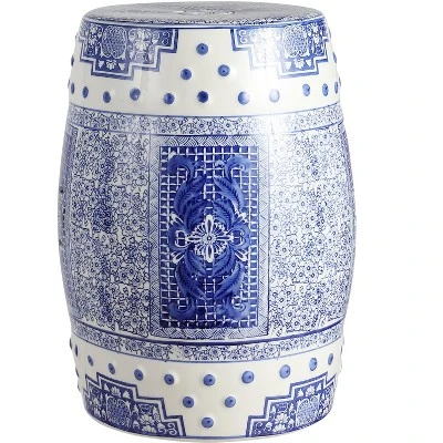 happimess Acanthus 17.8" Chinoiserie Ceramic Drum Garden Stool, Blue/White 1 happimess Acanthus 17.8" Chinoiserie Ceramic Drum Garden Stool, Blue/White