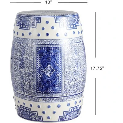 happimess Acanthus 17.8" Chinoiserie Ceramic Drum Garden Stool, Blue/White 2 happimess Acanthus 17.8" Chinoiserie Ceramic Drum Garden Stool, Blue/White - Image 2