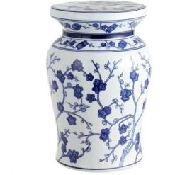 happimess Cherry Blossom 17.7" Ceramic Garden Stool, White/Blue