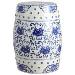 happimess Lotus Flower 17.8" Chinoiserie Ceramic Drum Garden Stool, Blue/White