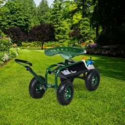 Costway Garden Cart Rolling Work Seat w/Tray Basket E xtendable Handle Green