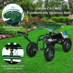 Costway Garden Cart Rolling Work Seat w/Tray Basket E xtendable Handle Green -Gardening Official Shop unnamed file 234