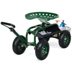 Costway Garden Cart Rolling Work Seat w/Tray Basket E xtendable Handle Green -Gardening Official Shop unnamed file 238