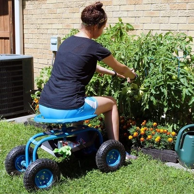 Sunnydaze Decor Sunnydaze Outdoor Lawn and Garden Heavy-Duty Steel Rolling Gardening Cart with 360-Degree Swivel Chair, Tool Tray, and Basket - Blue 1 Sunnydaze Decor Sunnydaze Outdoor Lawn and Garden Heavy-Duty Steel Rolling Gardening Cart with 360-Degree Swivel Chair, Tool Tray, and Basket - Blue