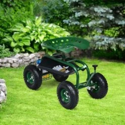 Costway Garden Cart Rolling Work Seat w/ Tool Tray Basket Green -Gardening Official Shop unnamed file 836
