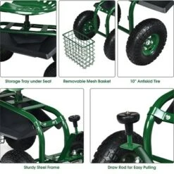 Costway Garden Cart Rolling Work Seat w/ Tool Tray Basket Green -Gardening Official Shop unnamed file 837