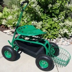 Sunnydaze Decor Sunnydaze Outdoor Lawn and Garden Heavy-Duty Steel Rolling Gardening Cart with Extendable Steer Handle, Swivel Chair, Tool Tray, and Basket - Green