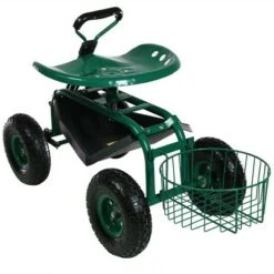 Sunnydaze Decor Sunnydaze Outdoor Lawn and Garden Heavy-Duty Steel Rolling Gardening Cart with Extendable Steer Handle, Swivel Chair, Tool Tray, and Basket - Green -Gardening Official Shop unnamed file 856