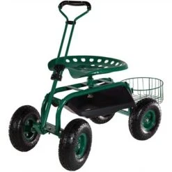 Sunnydaze Decor Sunnydaze Outdoor Lawn and Garden Heavy-Duty Steel Rolling Gardening Cart with Extendable Steer Handle, Swivel Chair, Tool Tray, and Basket - Green -Gardening Official Shop unnamed file 857
