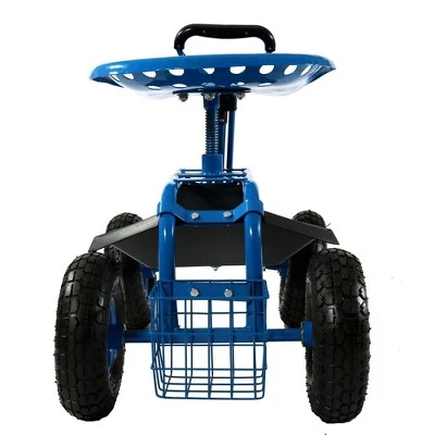 Sunnydaze Decor Sunnydaze Outdoor Lawn and Garden Heavy-Duty Steel Rolling Gardening Cart with Extendable Steer Handle, Swivel Chair, Tool Tray, and Basket - Blue 7 Sunnydaze Decor Sunnydaze Outdoor Lawn and Garden Heavy-Duty Steel Rolling Gardening Cart with Extendable Steer Handle, Swivel Chair, Tool Tray, and Basket - Blue - Image 7