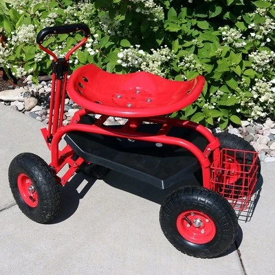 Sunnydaze Decor Sunnydaze Outdoor Lawn and Garden Heavy-Duty Steel Rolling Gardening Cart with Extendable Steer Handle, Swivel Chair, Tool Tray, and Basket - Red 1 Sunnydaze Decor Sunnydaze Outdoor Lawn and Garden Heavy-Duty Steel Rolling Gardening Cart with Extendable Steer Handle, Swivel Chair, Tool Tray, and Basket - Red