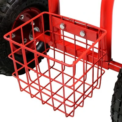 Sunnydaze Decor Sunnydaze Outdoor Lawn and Garden Heavy-Duty Steel Rolling Gardening Cart with Extendable Steer Handle, Swivel Chair, Tool Tray, and Basket - Red 4 Sunnydaze Decor Sunnydaze Outdoor Lawn and Garden Heavy-Duty Steel Rolling Gardening Cart with Extendable Steer Handle, Swivel Chair, Tool Tray, and Basket - Red - Image 4